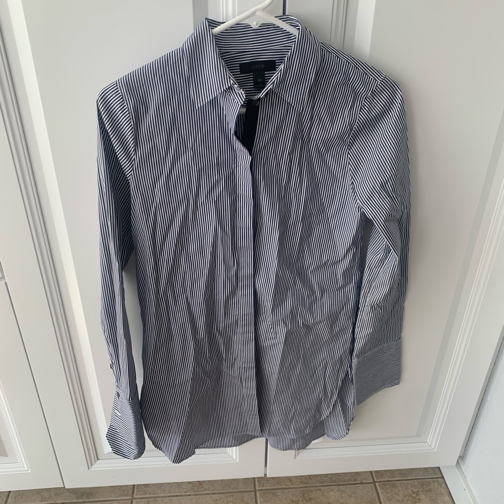 J crew button down long blouse. Blue pinstripe. Long sleeve.